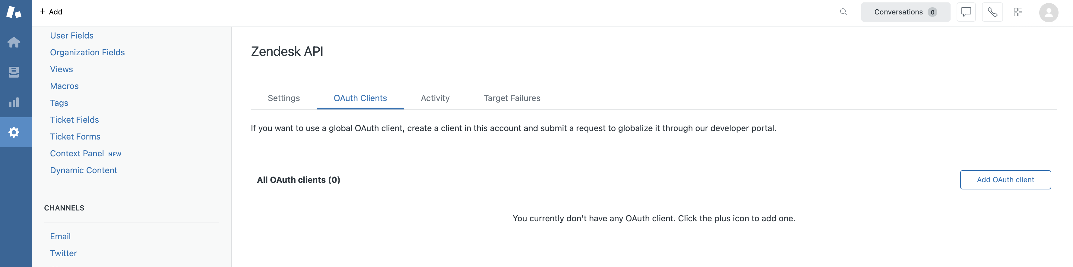 The gear icon is selected on the left sidebar in Zendesk. The OAuth Clients page is displayed. There is a button on the right labeled "Add OAuth client."