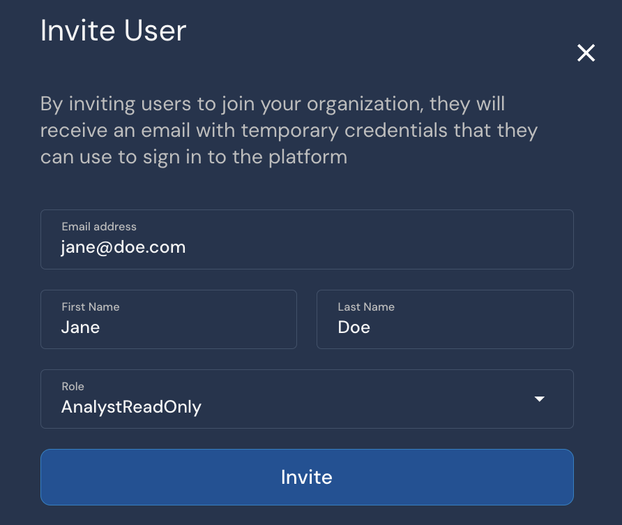 Under an "Invite User" header, there are form fields: Email address, Role, etc.