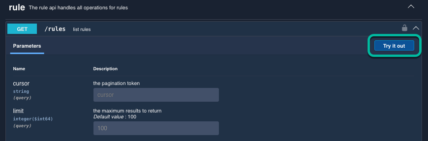 Within a GET /rules section, a "Try it out" button is circled. Two parameters are shown: cursor, and limit.