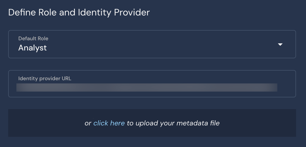 In the Panther Console settings, there is a Default Role field and an Identity provider URL field. Below, there is a button to upload a metadata file.