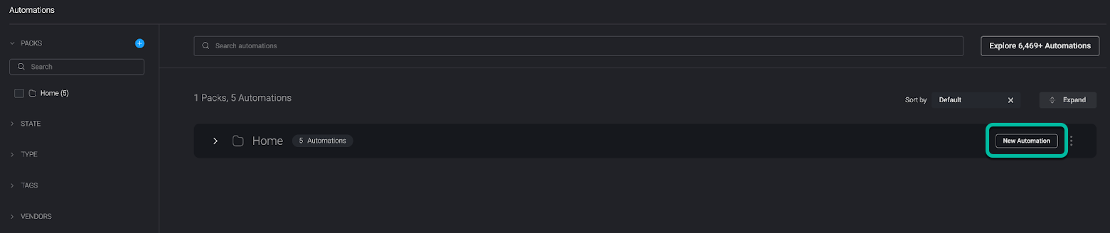 An "Automations" page is shown. Under a header reading "1 Packs, 5 Automations," a "New Automation" button is circled.