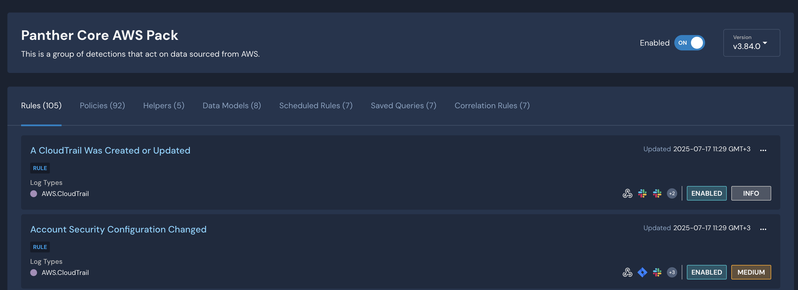 On a page titled "Panther Core AWS Pack," there are two tiles titled "A CloudTrail Was Created or Updated" and "Account Security Configuration Changed." An "Enabled" toggle in the upper-right corner is set to ON.