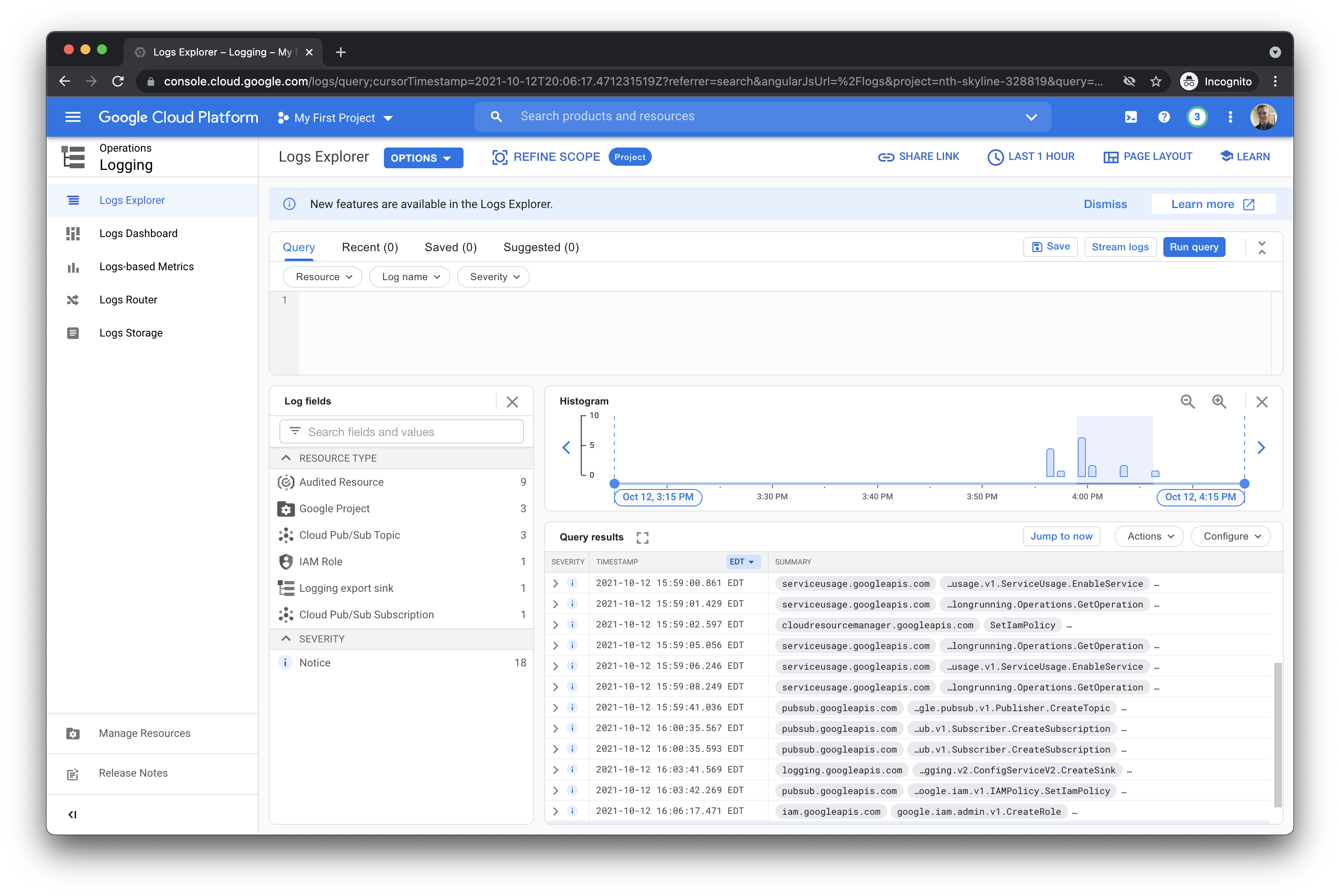 The image shows the Logs Explorer page from Google Cloud Platform