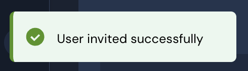 A pop-up notification says "User invited successfully"