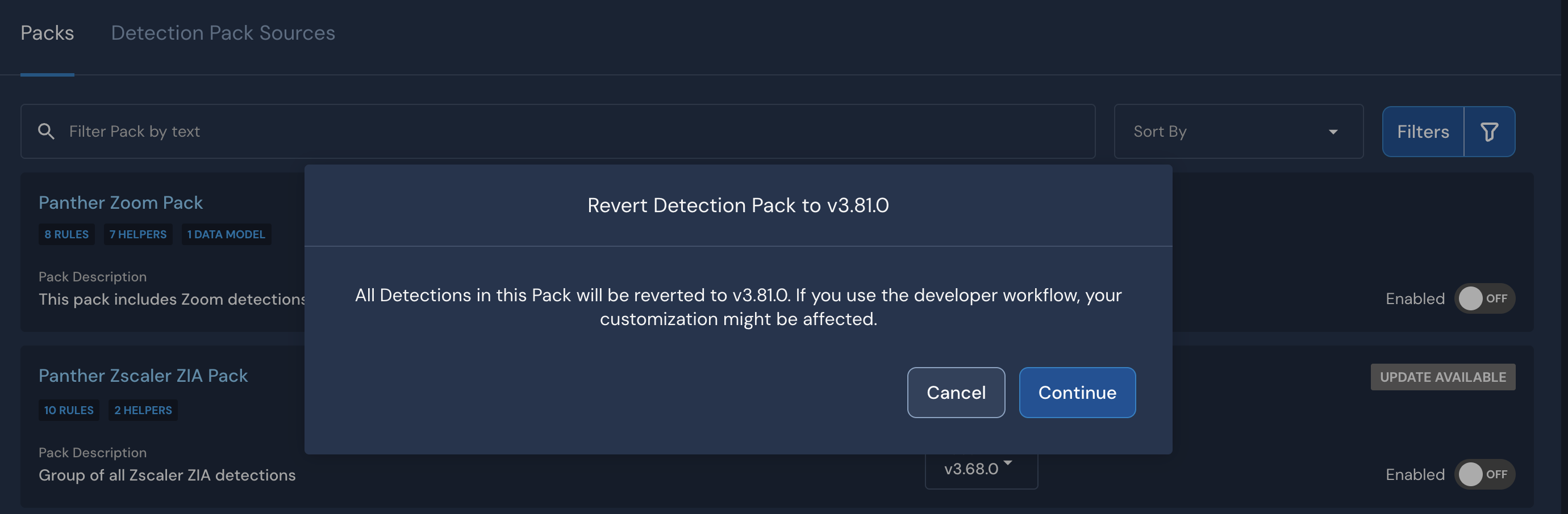 On a modal titled, "Revert Detection Pack to v3.81.0" there are two buttons: Cancel and Continue.
