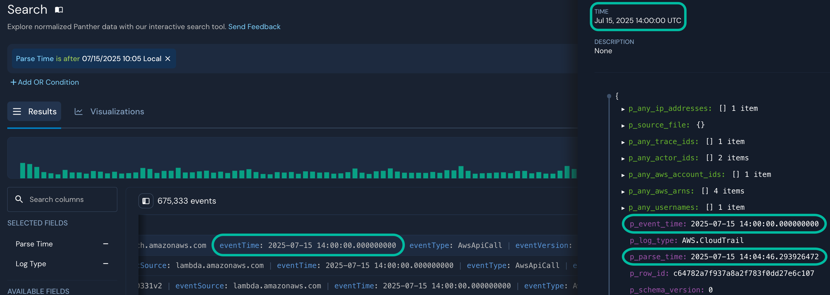 Under a "Search" header, there is a filter chip and a results tab shown. A slide-out panel on the right side has a "Time" at the top, which is circled.