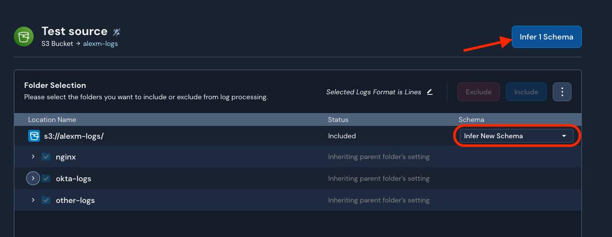 The "Infer 1 schema" button is in the upper right corner of the S3 folders page in the Panther Console.