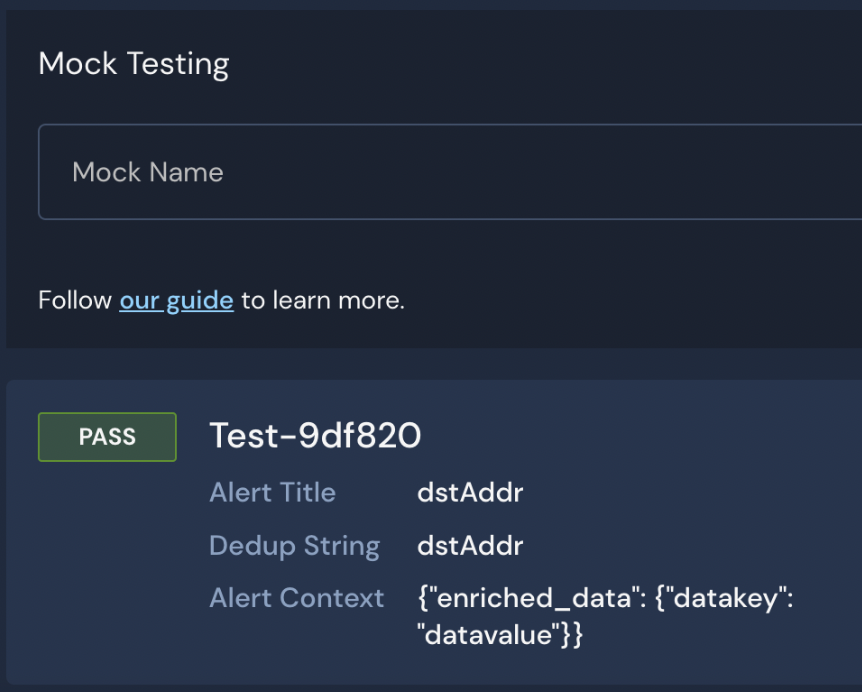 The screen shot shows a passing test in the Panther Console including the alert context with the data key and data value