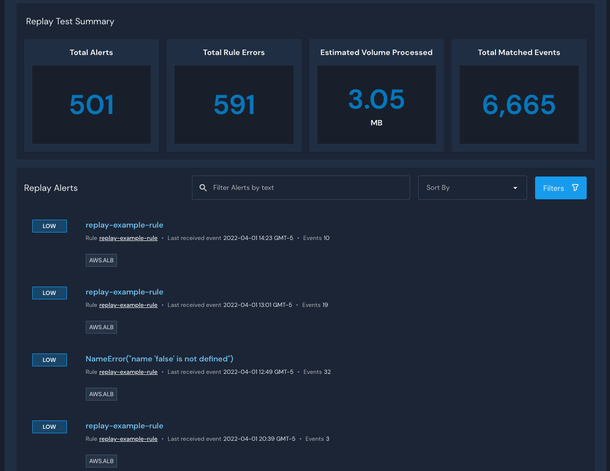 The Replay Test Summary shows the number of alerts, rule errors, estimated volume processed, and total matched events.