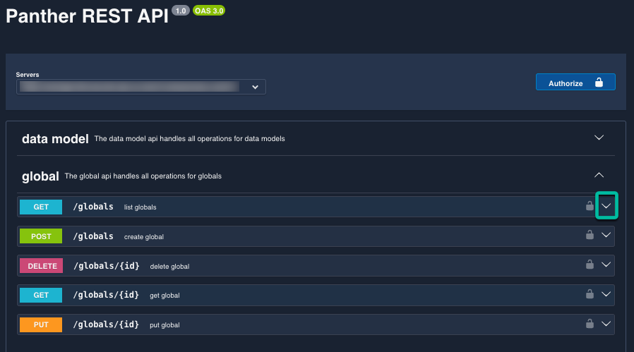 Under a header reading "Panther REST API," a grouping of data model endpoints is shown. There are GET (list), POST, DELETE, GET, and PUT endpoints.