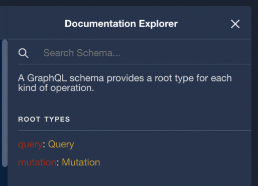The image shows the Documentation Explorer that appears on the right side of the API Playground. It has a search field at the top, and a header labeled "Root Types." Under "Root Types," it lists "query: Query" and "mutation: Mutation".