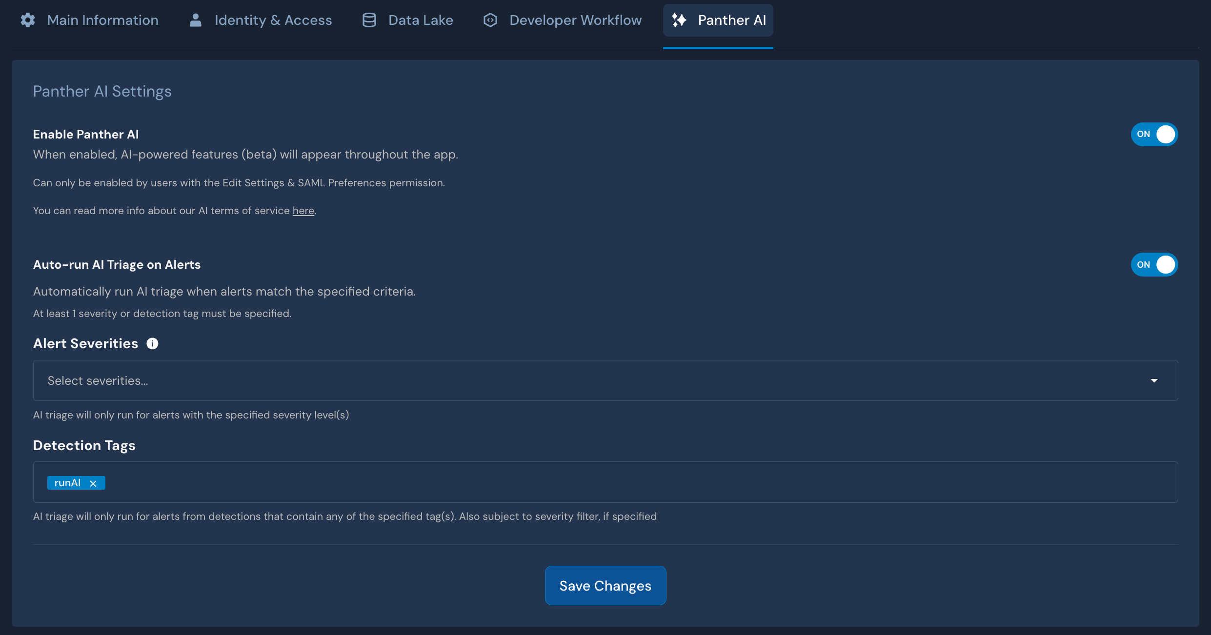 Under a "Panther AI" tab, there are two toggles: Enable Panther AI and Auto-run AI Triage on Alerts. At the bottom there is a Save Changes button.